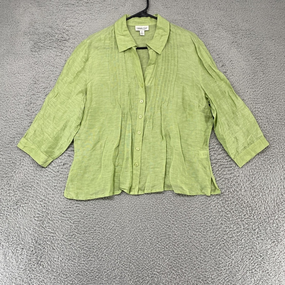 Coldwater Creek Linen Silk Shirt Womens XL Green Button Up Capsule Minimalist